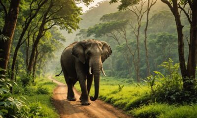 wild elephants on road